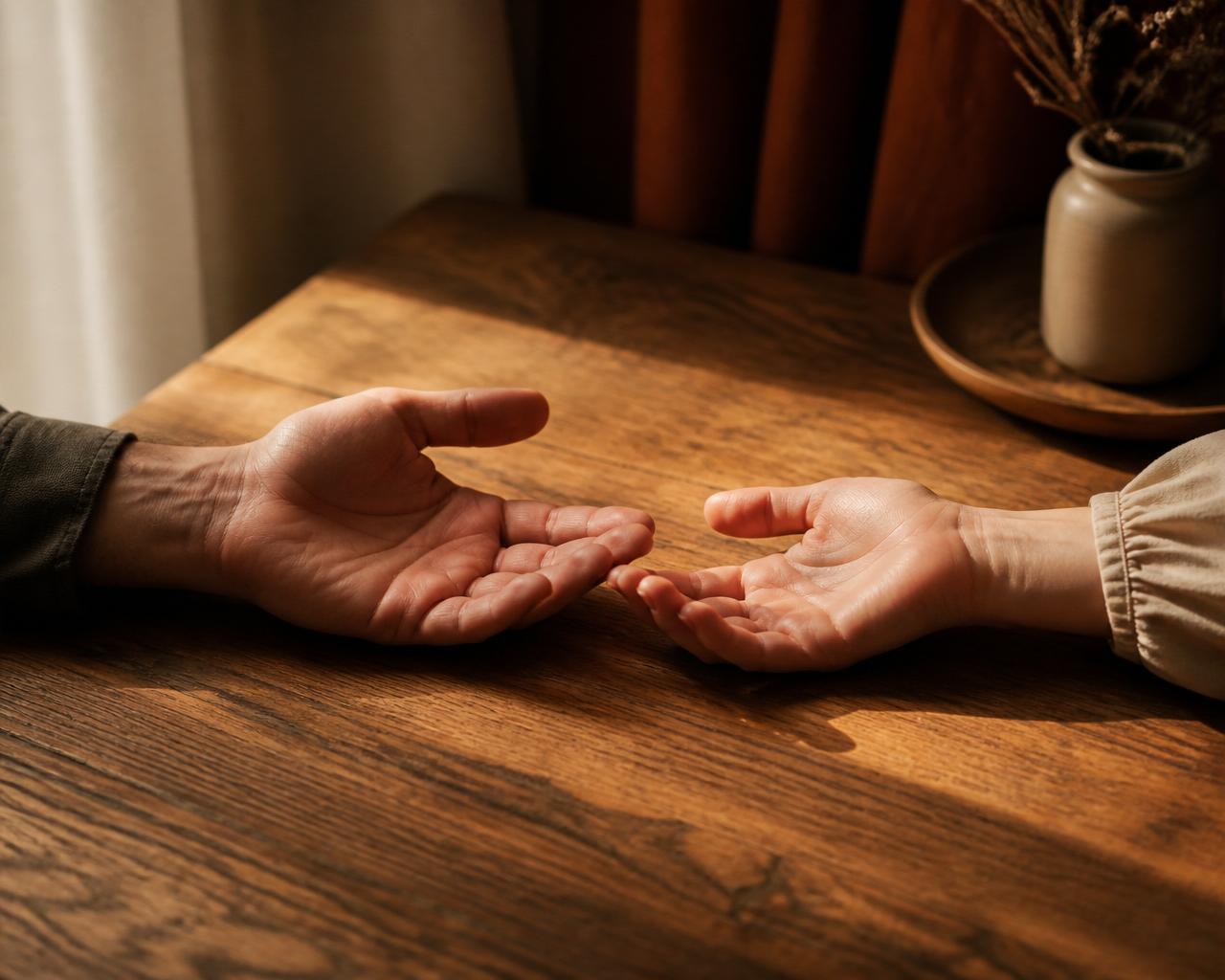 Duas mãos abertas sobre uma mesa de madeira
